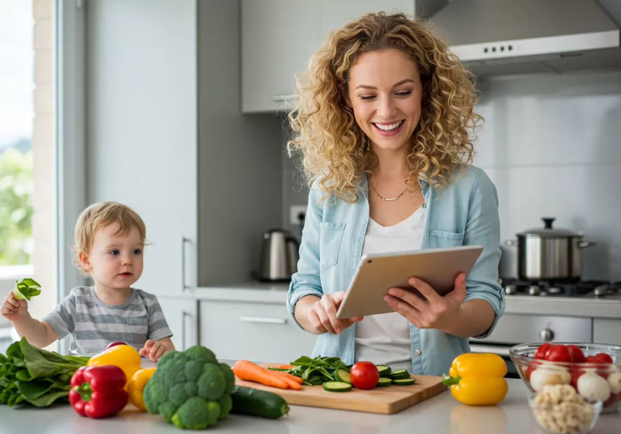 Mom and child use tablet for cooking